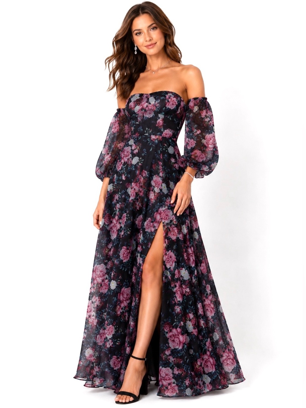 Lulus, True Excellence Black Floral Bustier Off-the-Shoulder Gown, Size M EUC